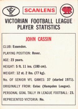 1974 Scanlens VFL #114 John Cassin Back